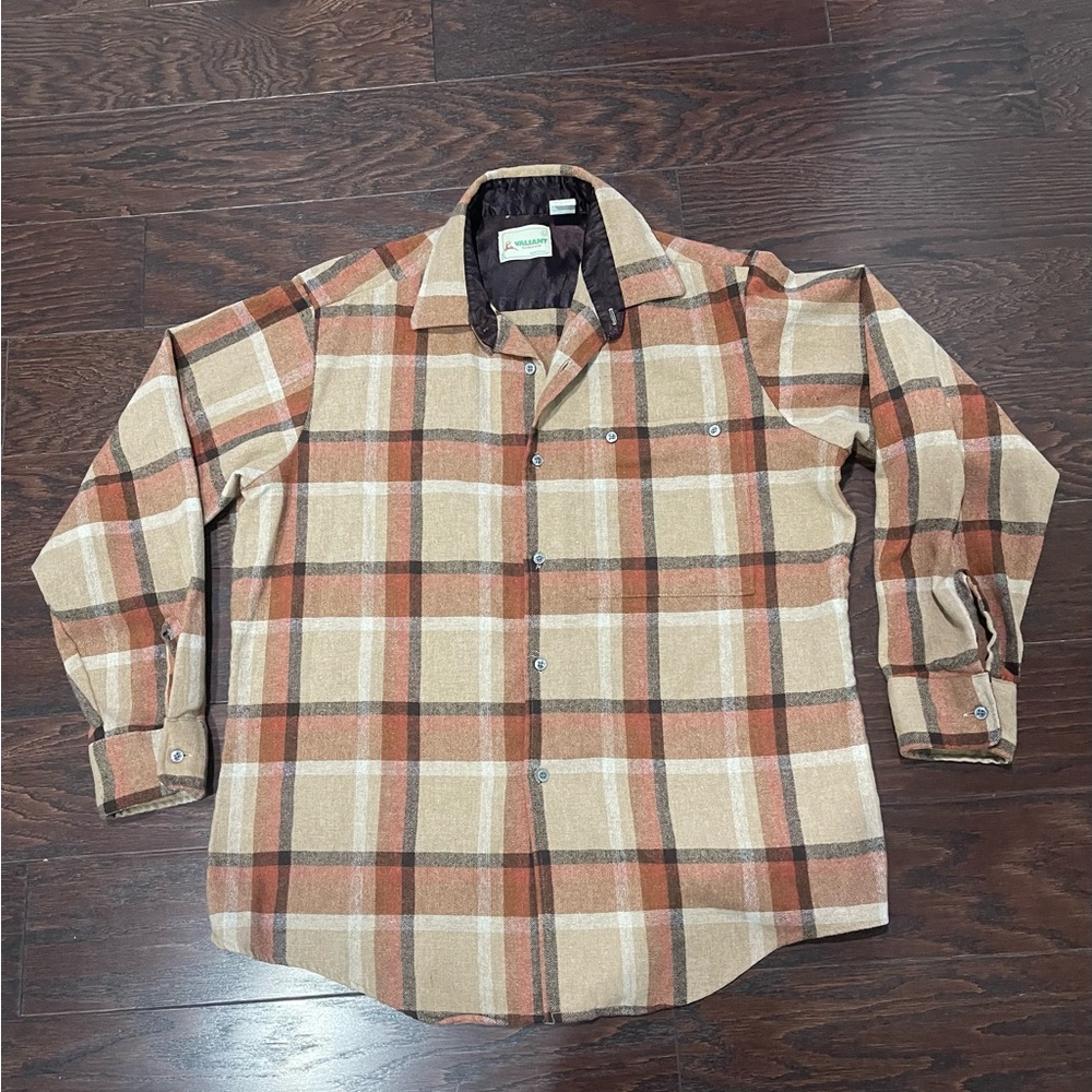 Valiant Men  Vintage Plaid Wool Blend Size Large Brown Beige Made In USA